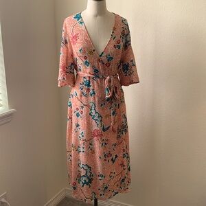 Anthropologie Maeve sz XS wrap maxi dress floral coral mermaid balletcore
